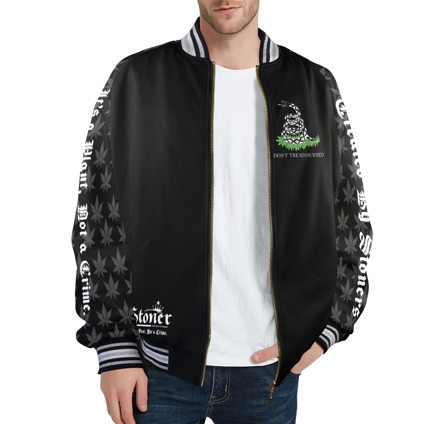 Don't Tread On Weed Bomber Jacket Men's Striped Trim Bomber Jacket (Model H21)